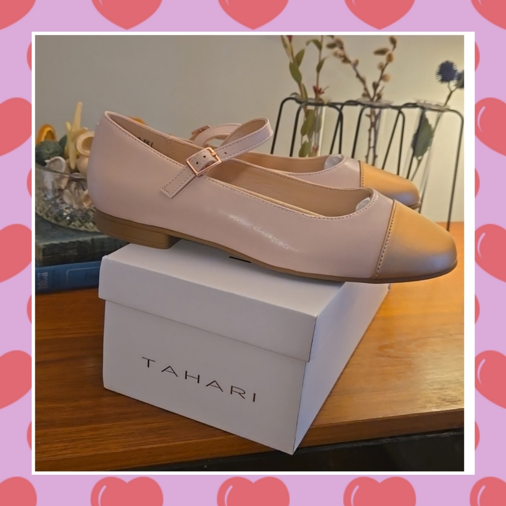 Tahari Pink and Tan Mary Jane Flats